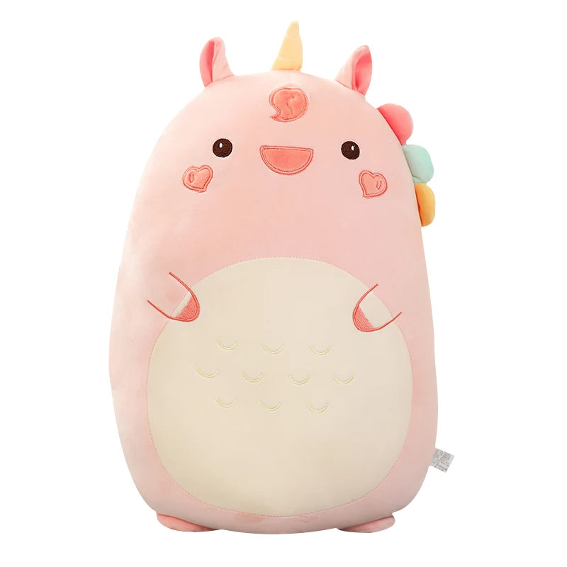 Soft pink plush unicorn animal pillow for kids, 45-80cm, with colorful mane and horn.