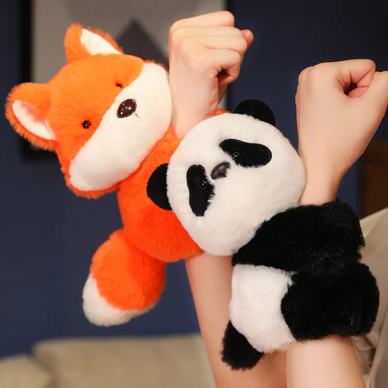 Soft plush fox and panda wrist rattles for babies, 20cm, vibrant orange and black/white.