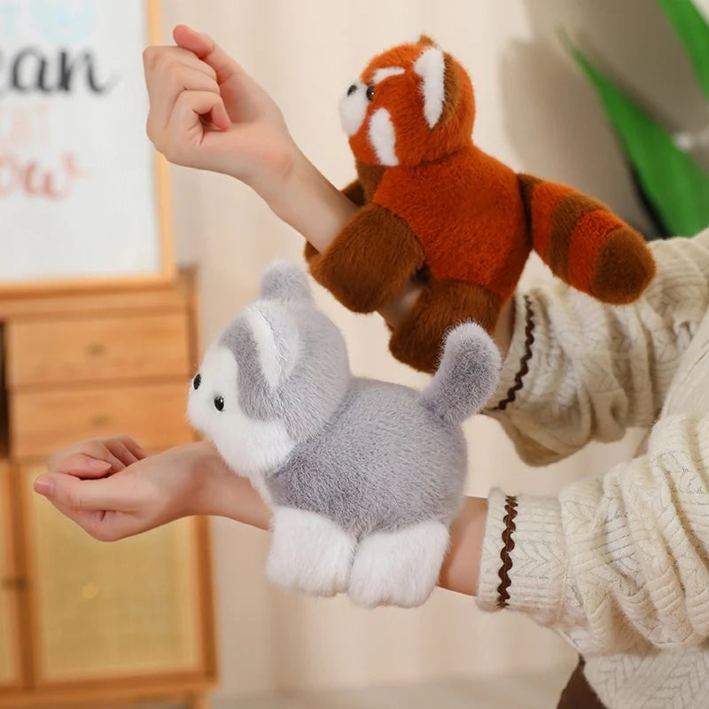 Soft plush husky and red panda animal toys, 20cm, held on arms.