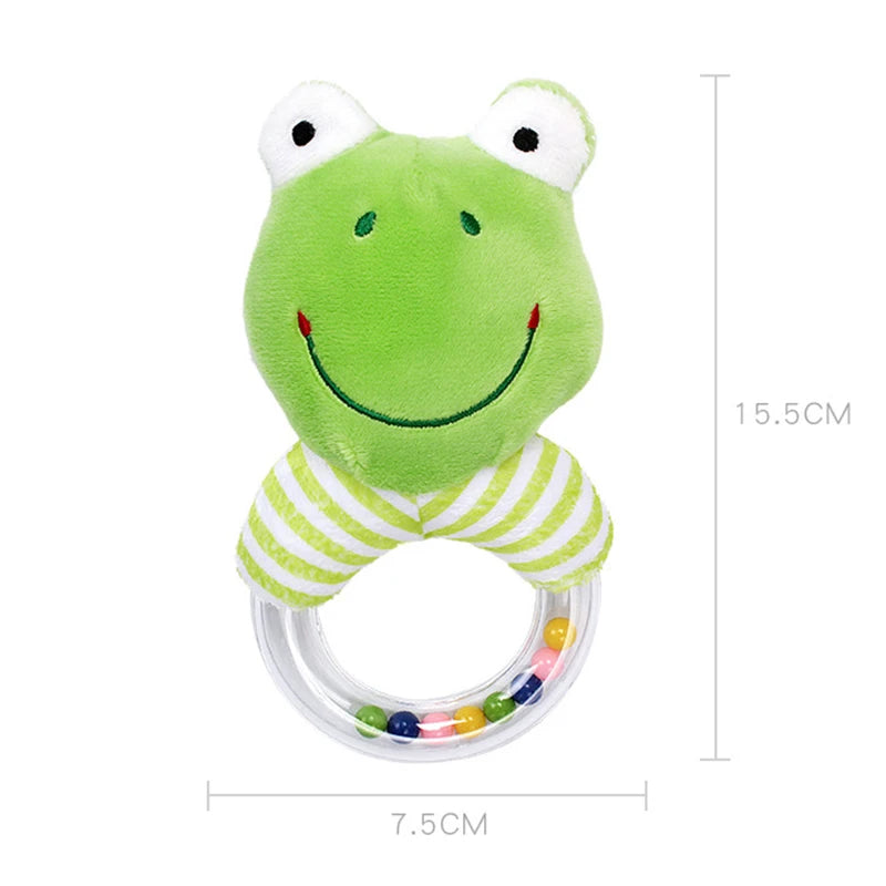 Soft green plush frog baby rattle teether with a clear ring and colorful beads.