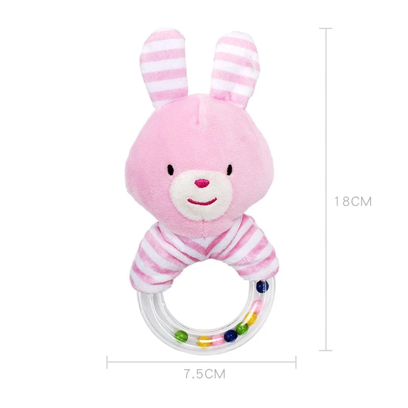 Pink plush bunny rattle teether with striped ears and shirt, featuring a clear ring with colorful beads.