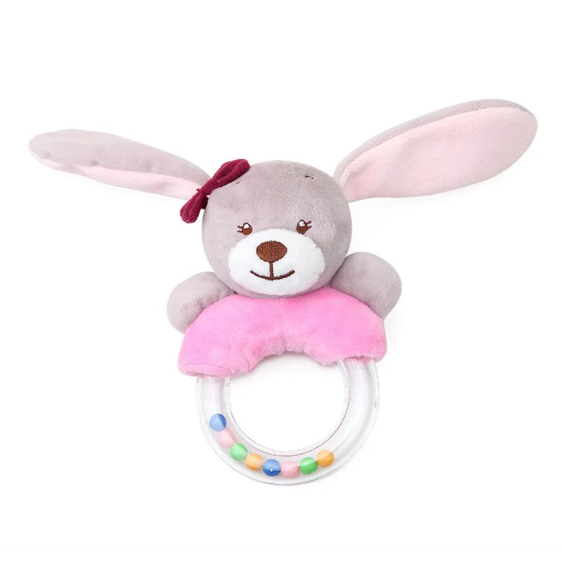 Soft gray bunny plush baby teether rattle with pink trim, long ears, and colorful beads.