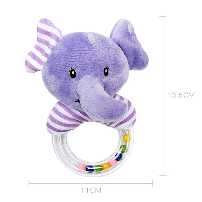 Soft purple elephant plush baby rattle and teether with striped ears and a clear ring of colorful beads.