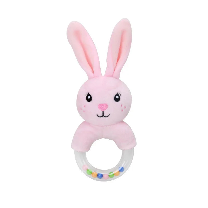 Soft pink plush bunny baby teether rattle with clear ring and colorful beads.