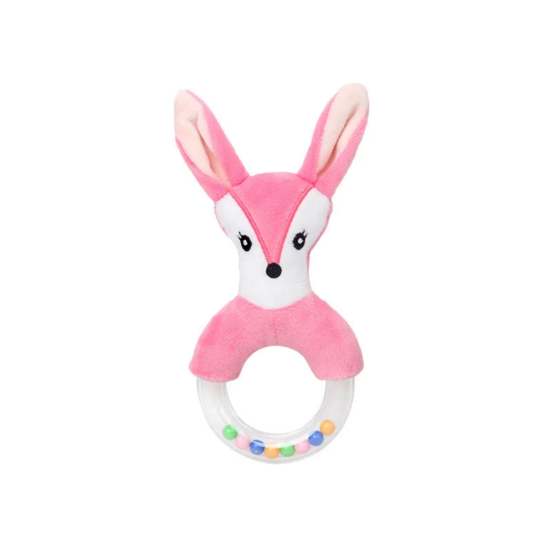 Pink plush fox baby rattle and teether with clear ring and colorful beads.