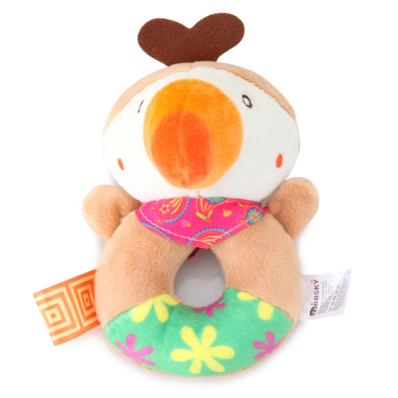 Soft plush animal baby rattle and teether with colorful patterns.