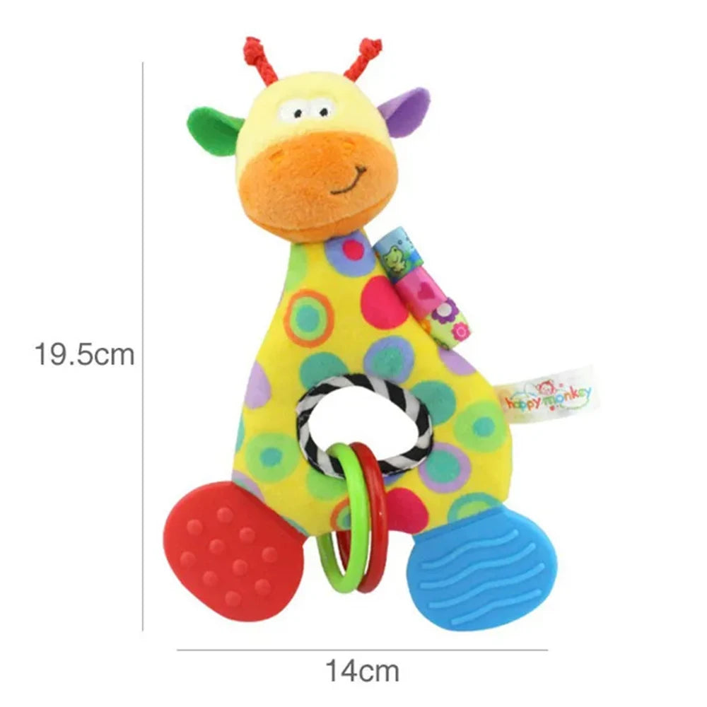Soft plush giraffe baby teether rattle with colorful polka dots, red and blue silicone teethers.