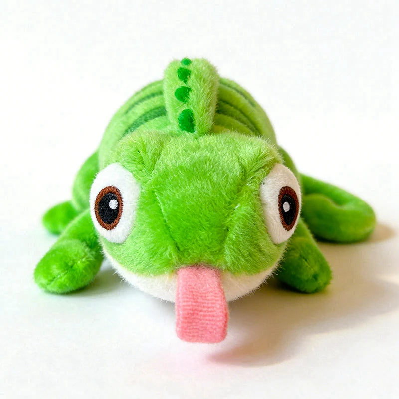 Cute green chameleon plush toy with big eyes and pink tongue, magnetic shoulder animal.
