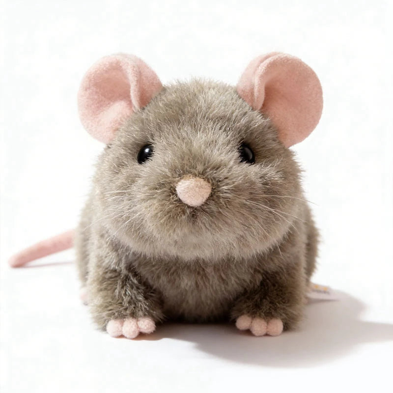 Cute gray plush magnetic mouse toy with pink ears, nose, and tiny paws.