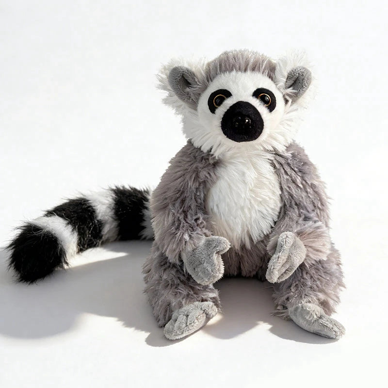 Soft plush magnetic ring-tailed lemur toy with gray, white, and black fur.