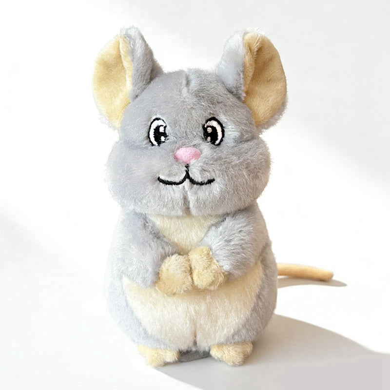 Cute gray plush magnetic mouse toy with pink nose and beige belly, standing upright.