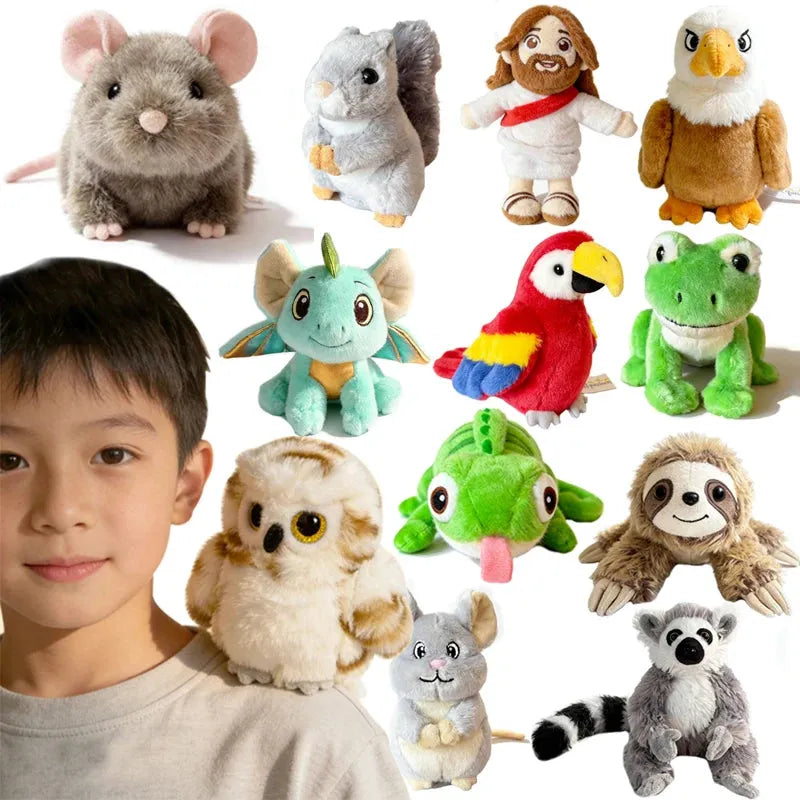 Assortment of magnetic plush animal and character toys, including a mouse, squirrel, frog, and owl, with a child.