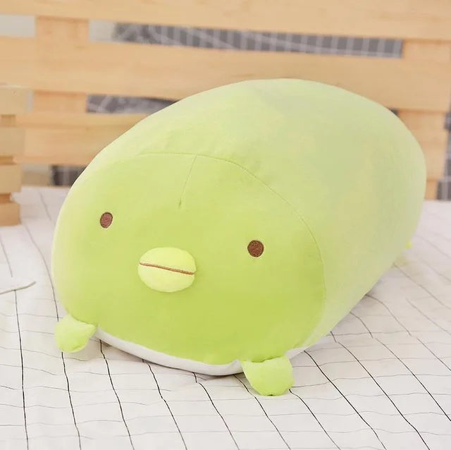 Soft green cartoon animal plush pillow, 20-90cm, with small brown eyes and a stitched mouth.