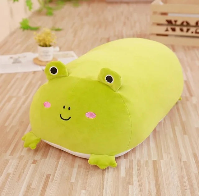 Soft green cartoon frog plush pillow, 20-90cm, with a smiling face and small feet.