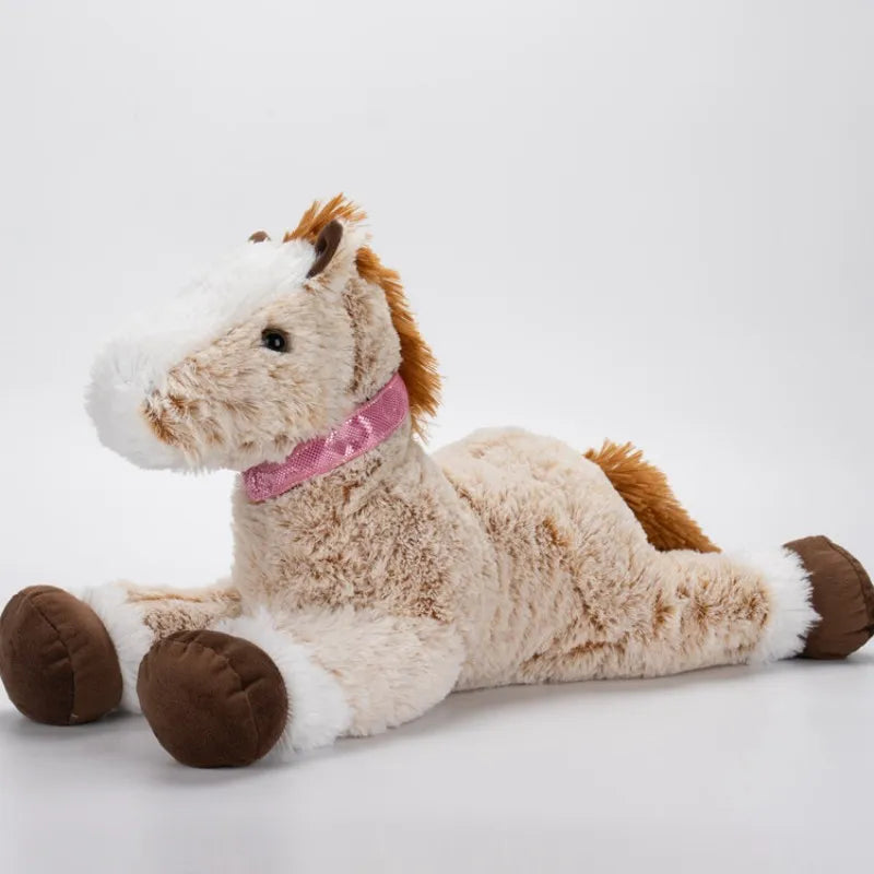 Large fluffy brown and white plush horse toy with a pink collar, lying down.