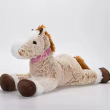 Large plush brown and white horse stuffed animal with a pink ribbon, lying down.
