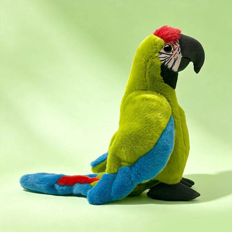 Soft plush green parrot toy with red head, blue wings and tail, and black beak.