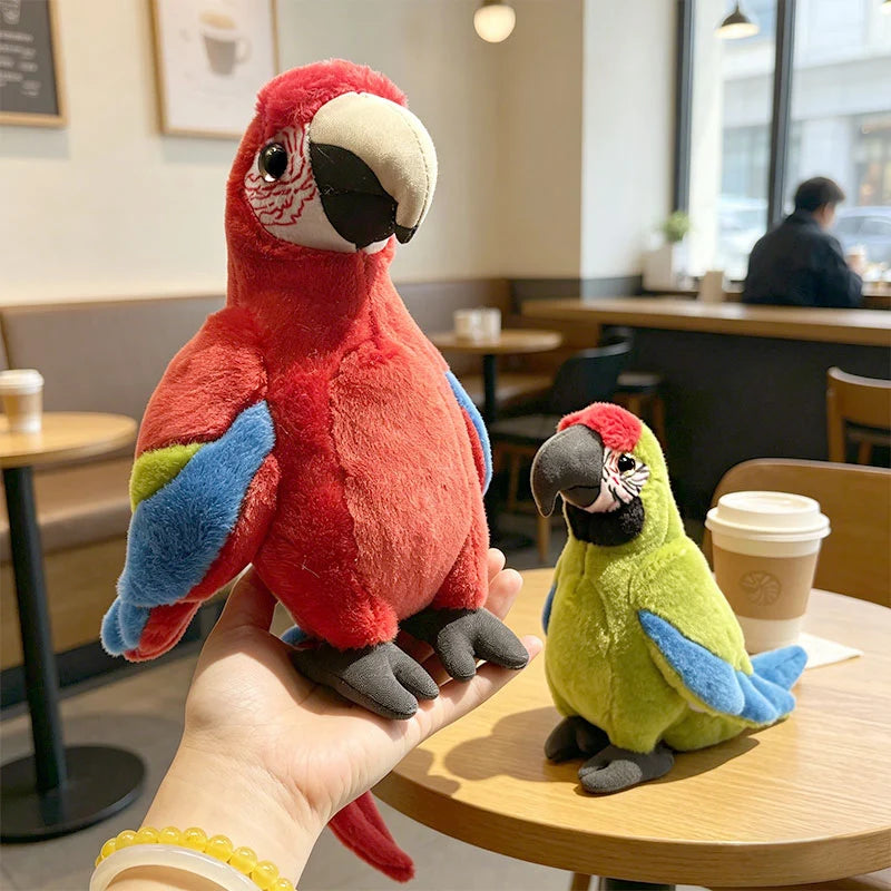 Soft plush red and green parrot toys, 22cm, with blue wings and black beaks, held in a hand.