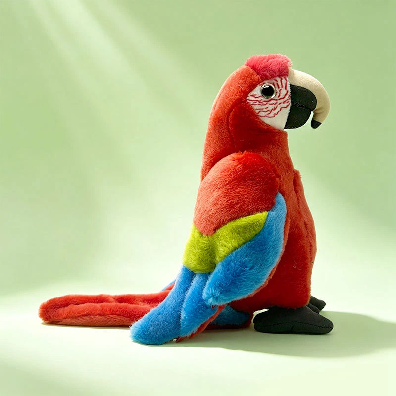 Soft, realistic 22cm plush red parrot toy with blue and yellow wings, black feet, and a cream beak.