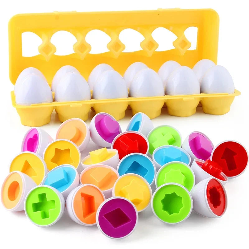 Montessori matching eggs with colorful shapes for toddlers, in a yellow carton.