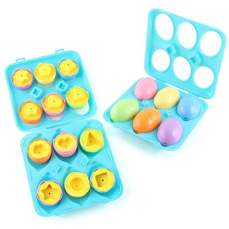 Montessori matching eggs in blue cartons, showing colorful outer shells and inner geometric shapes.