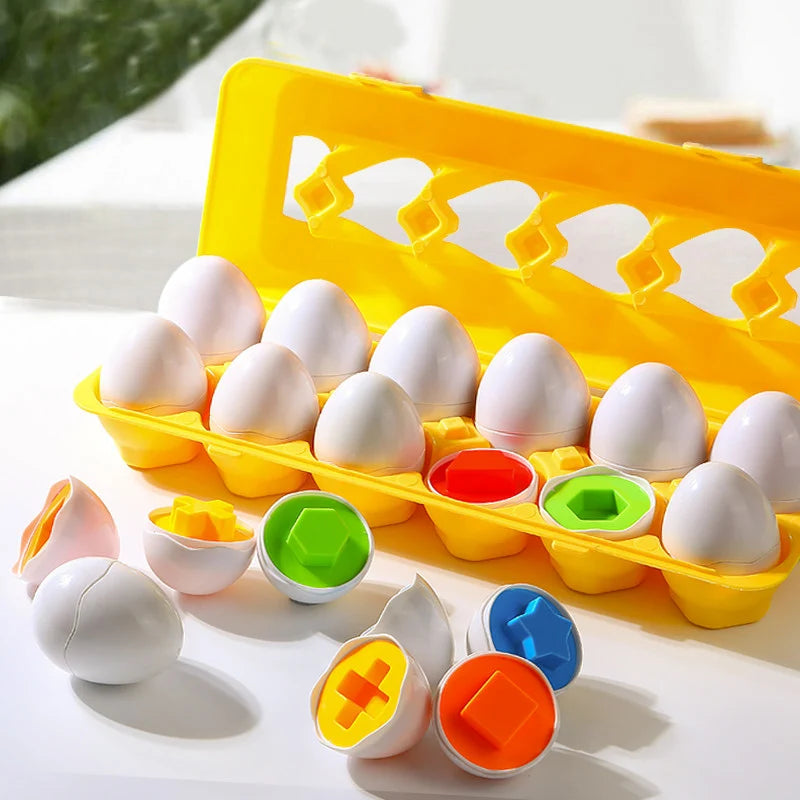 Montessori matching eggs in a yellow tray, showing colorful geometric shapes for toddlers.