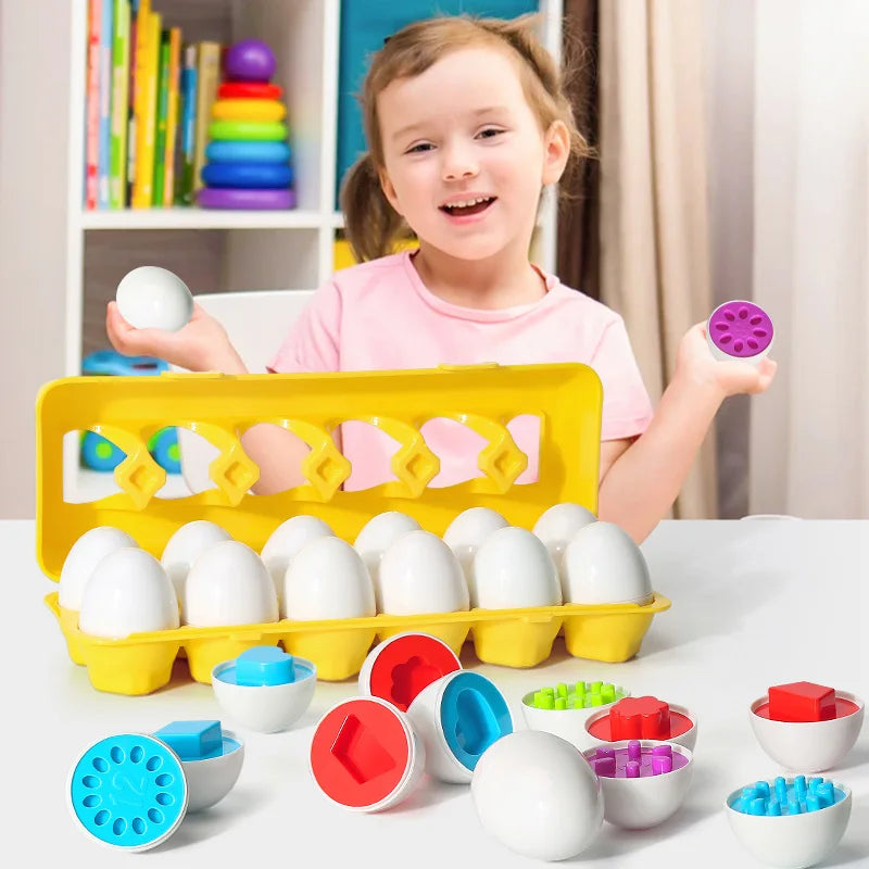 Happy toddler with Montessori matching eggs in a yellow carton, showing colorful shape sorters.