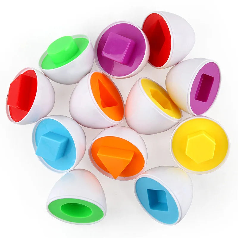 Colorful Montessori matching eggs with geometric shapes for toddler learning.