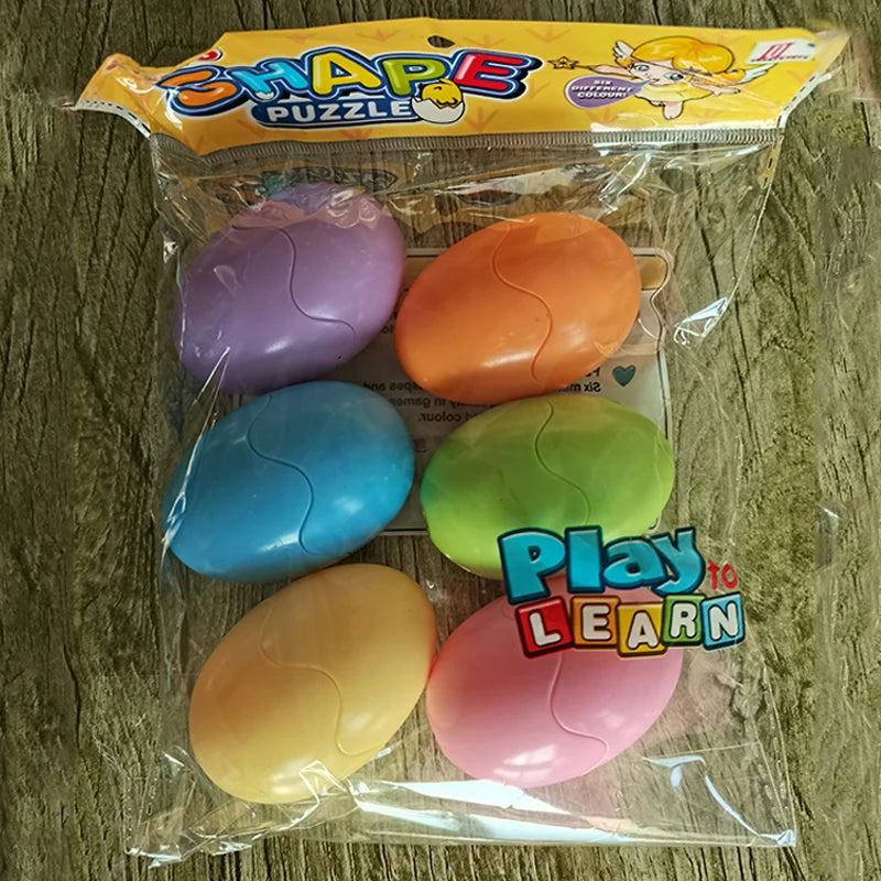 6 colorful Montessori shape-matching eggs in clear packaging, for toddlers 1-4 years old.