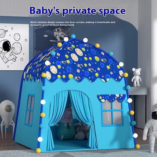 Blue kids' castle play tent with space print, decorative balls, and curtained entrance.