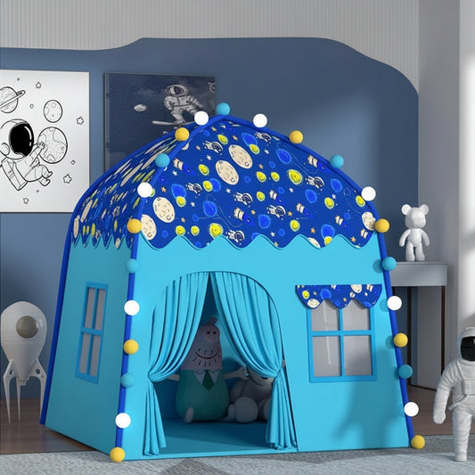 Blue children's play tent with space-themed print, LED lights, and windows, creating a private castle.