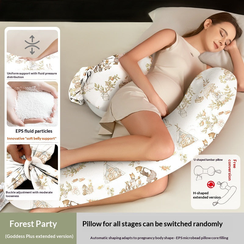 U-shaped pregnancy pillow with forest animal print, supporting a pregnant woman sleeping comfortably.