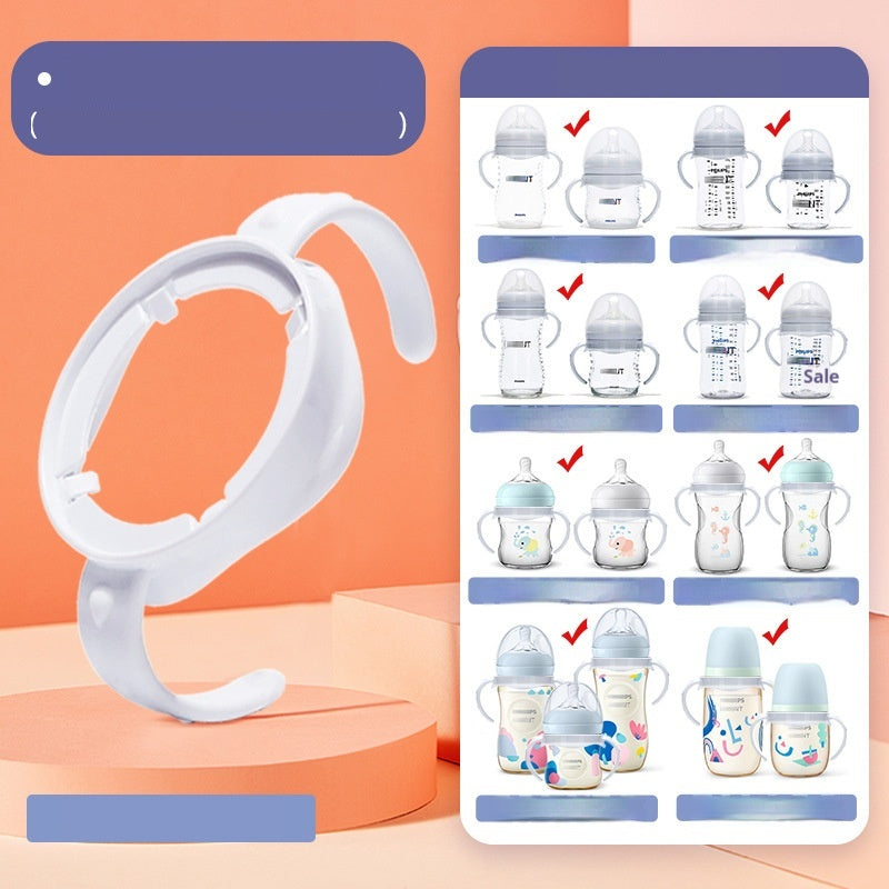 White universal wide-mouth baby bottle handle with ergonomic design, shown with various compatible bottles.