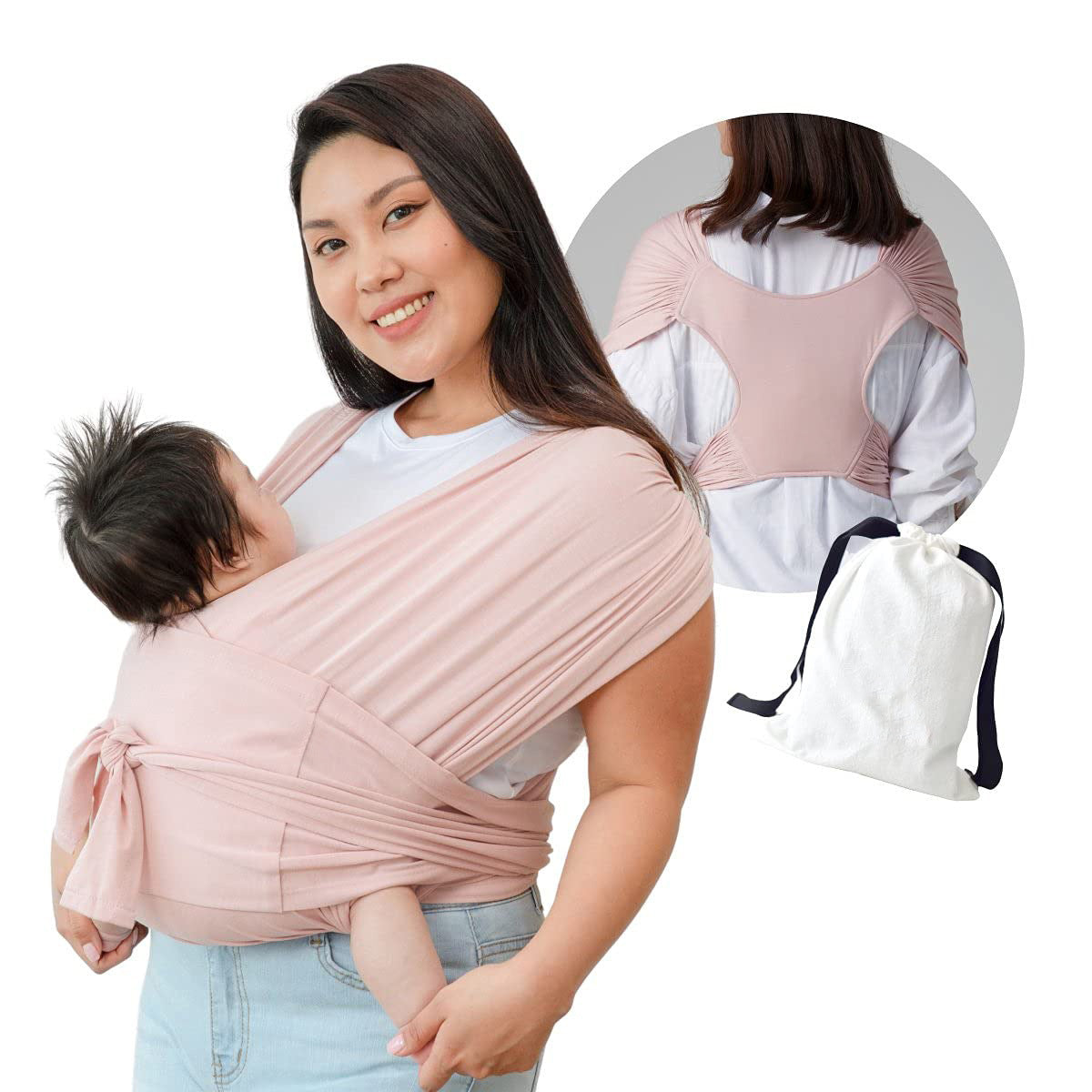 Pink ergonomic X-type cotton baby carrier with a smiling parent and sleeping infant, plus a storage bag.
