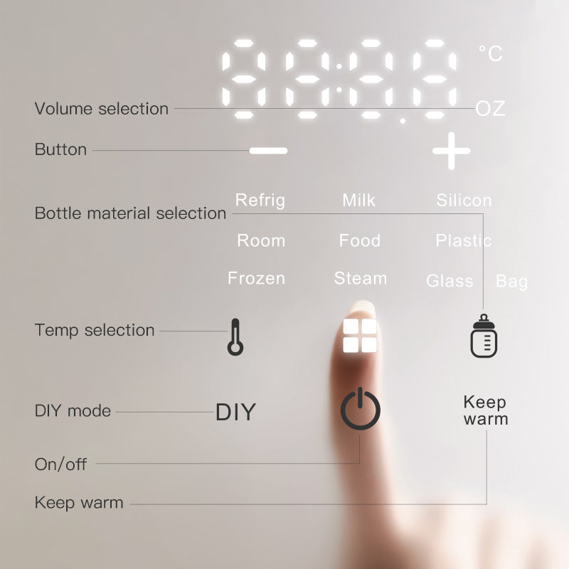 Digital display of a white baby bottle warmer's touch controls for heating, sterilization, and temperature.