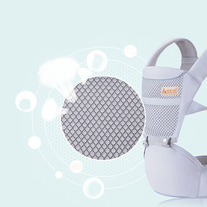 Light gray ergonomic baby waist carrier with breathable mesh fabric detail.