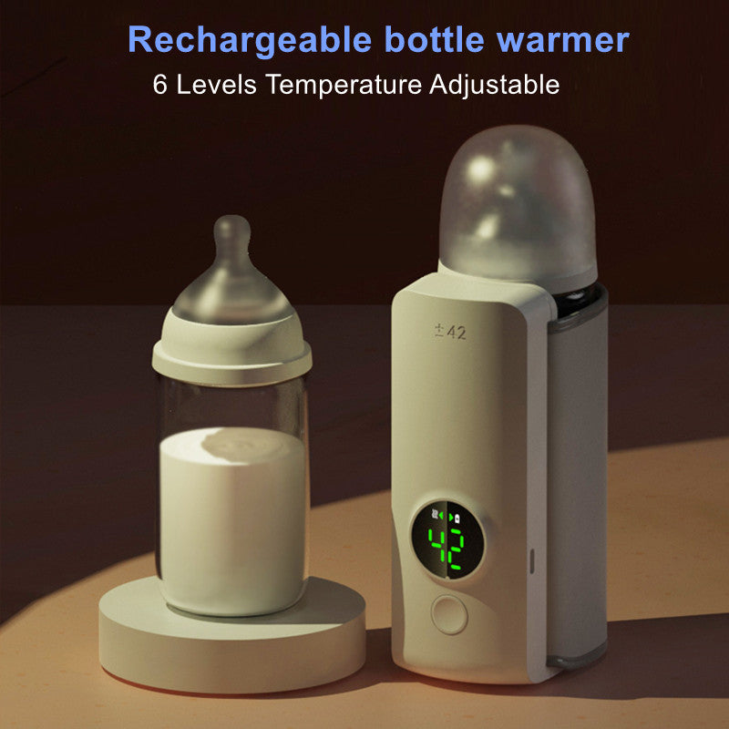 Portable USB rechargeable bottle warmer with smart temperature control and digital display, shown with a glass baby bottle.