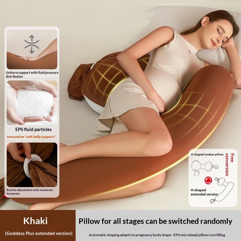 Khaki U-shaped pregnancy pillow supporting a sleeping woman, with EPS fluid particles and buckle adjustment.
