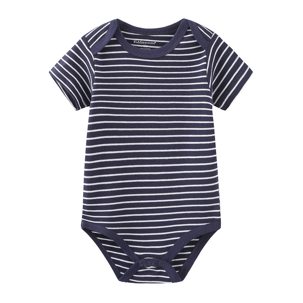 Navy blue and white striped short-sleeve baby cotton bodysuit with snap closures.