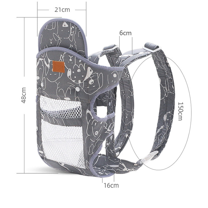 Gray ergonomic baby carrier with white abstract patterns, mesh pockets, and adjustable straps.