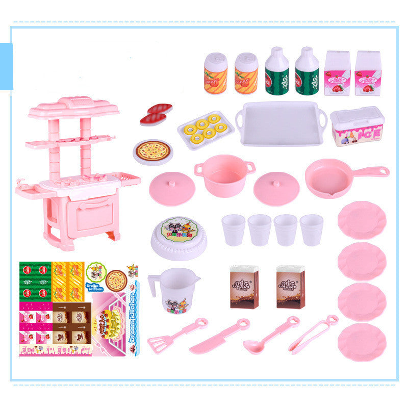 Pink miniature plastic kitchen playset with stove, pots, pans, food, and accessories for kids.