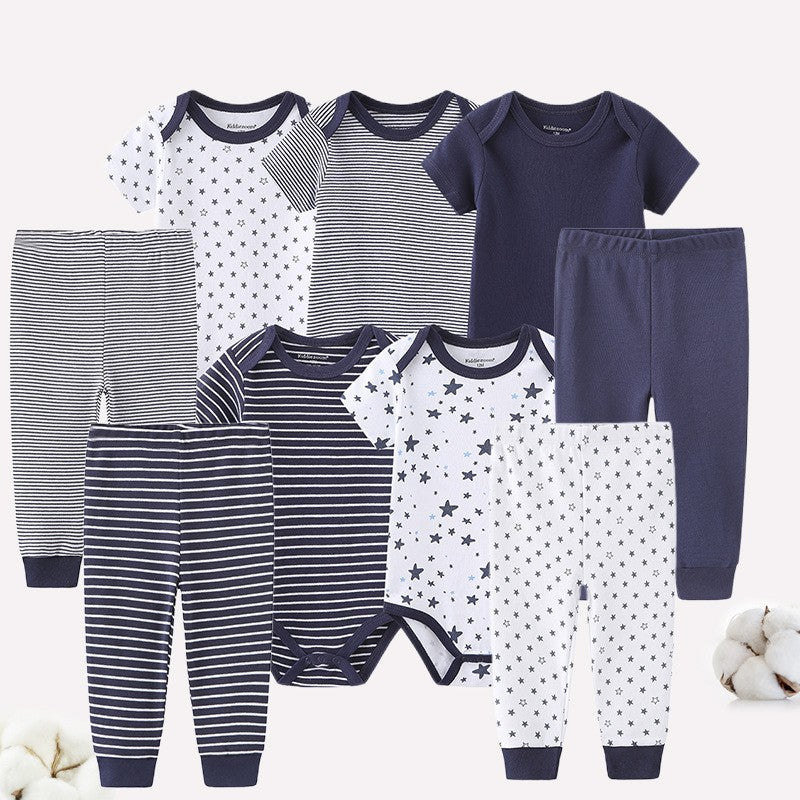 Navy and white cotton baby bodysuit and pant set with stars and stripes.