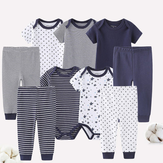 Navy and white cotton baby bodysuit and pant set with stars and stripes.