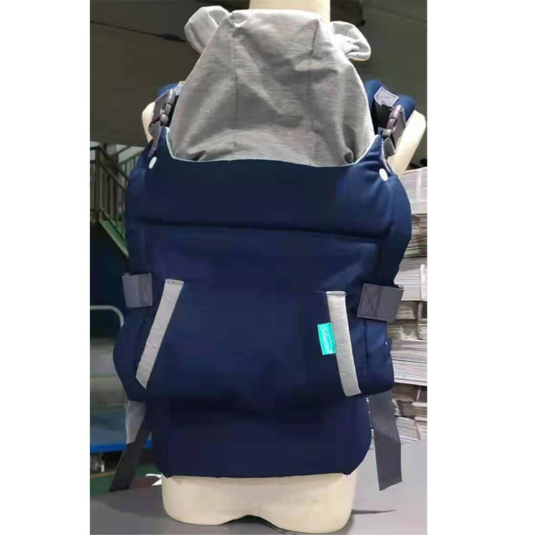 Navy blue ergonomic baby carrier with breathable gray hood and adjustable straps.