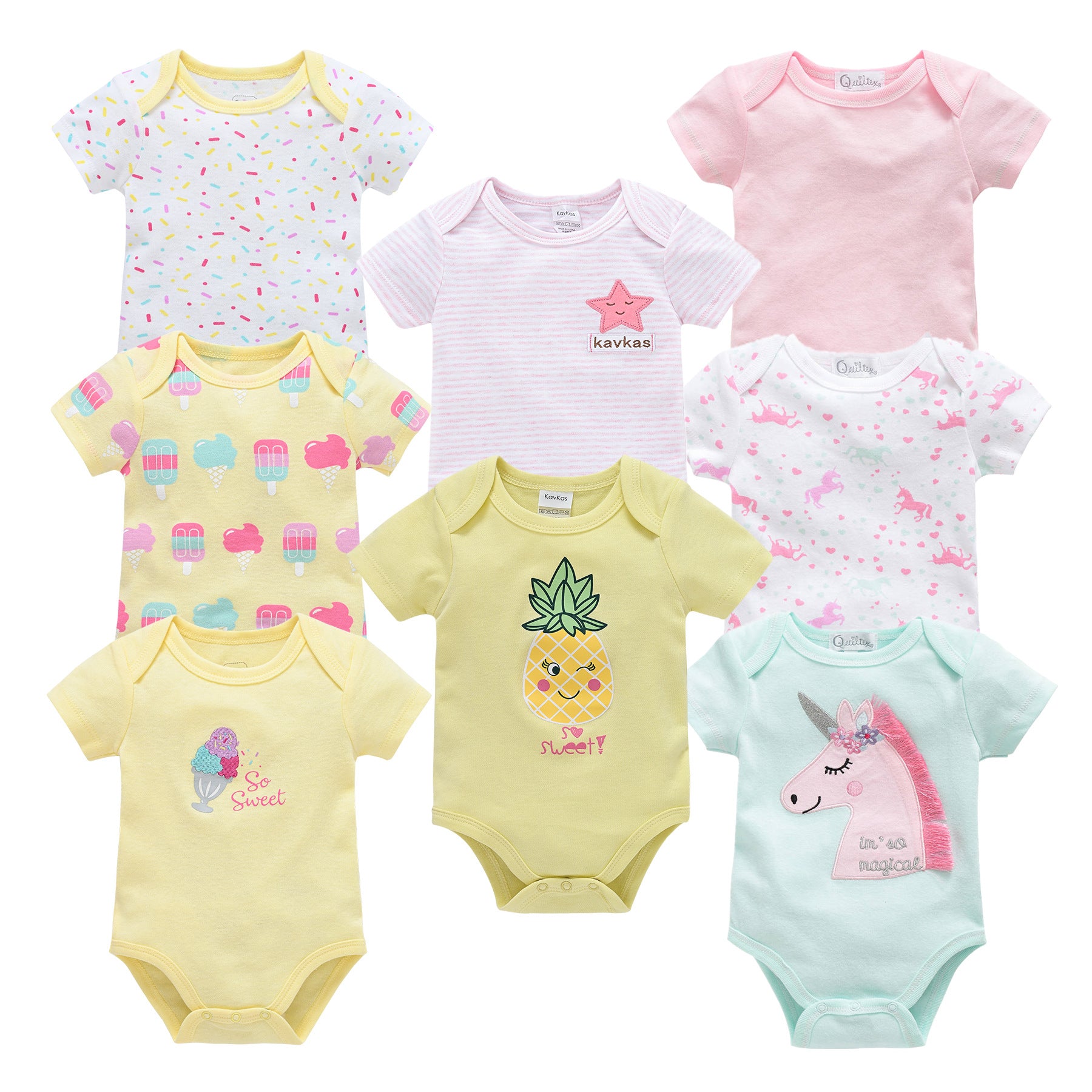 Assorted baby short-sleeve cotton bodysuits in pink, yellow, and white with cute cartoon prints.