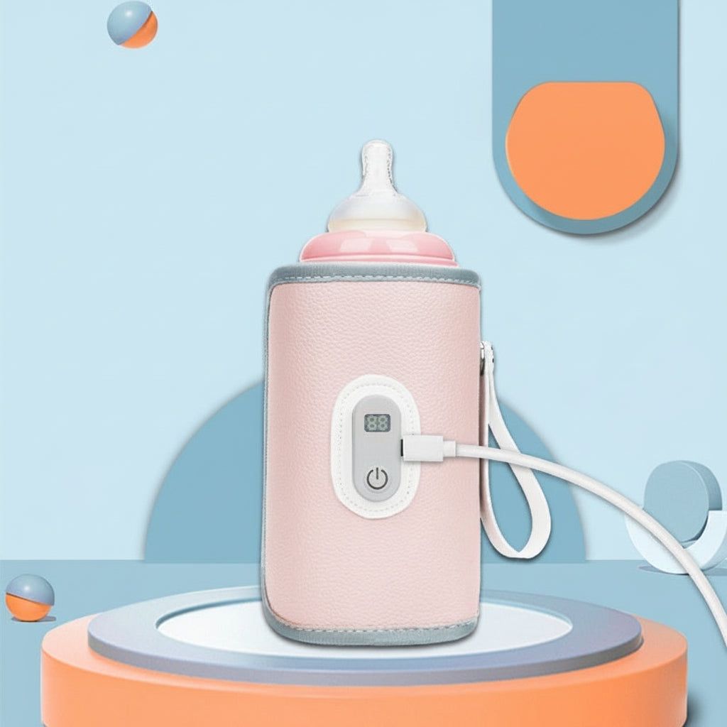 Pink portable smart baby bottle warmer with thermostat, USB-C charging, and digital display.