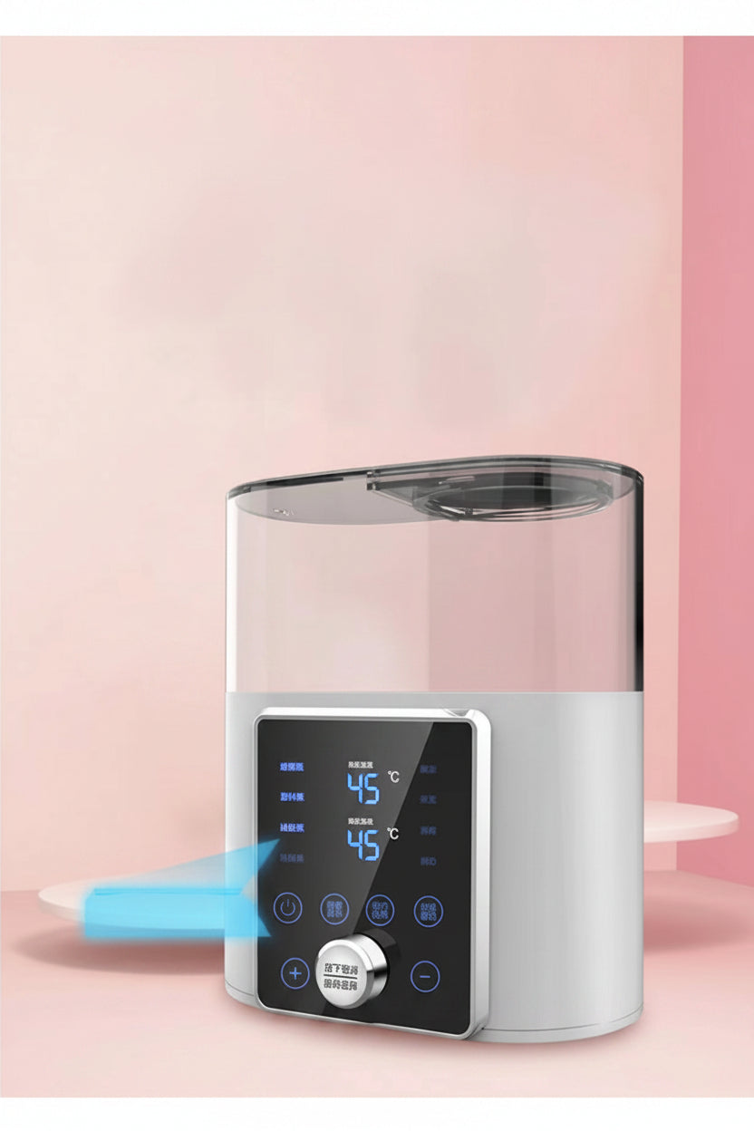 White smart baby bottle warmer with digital display, suitable for glass, plastic, and silicone bottles.