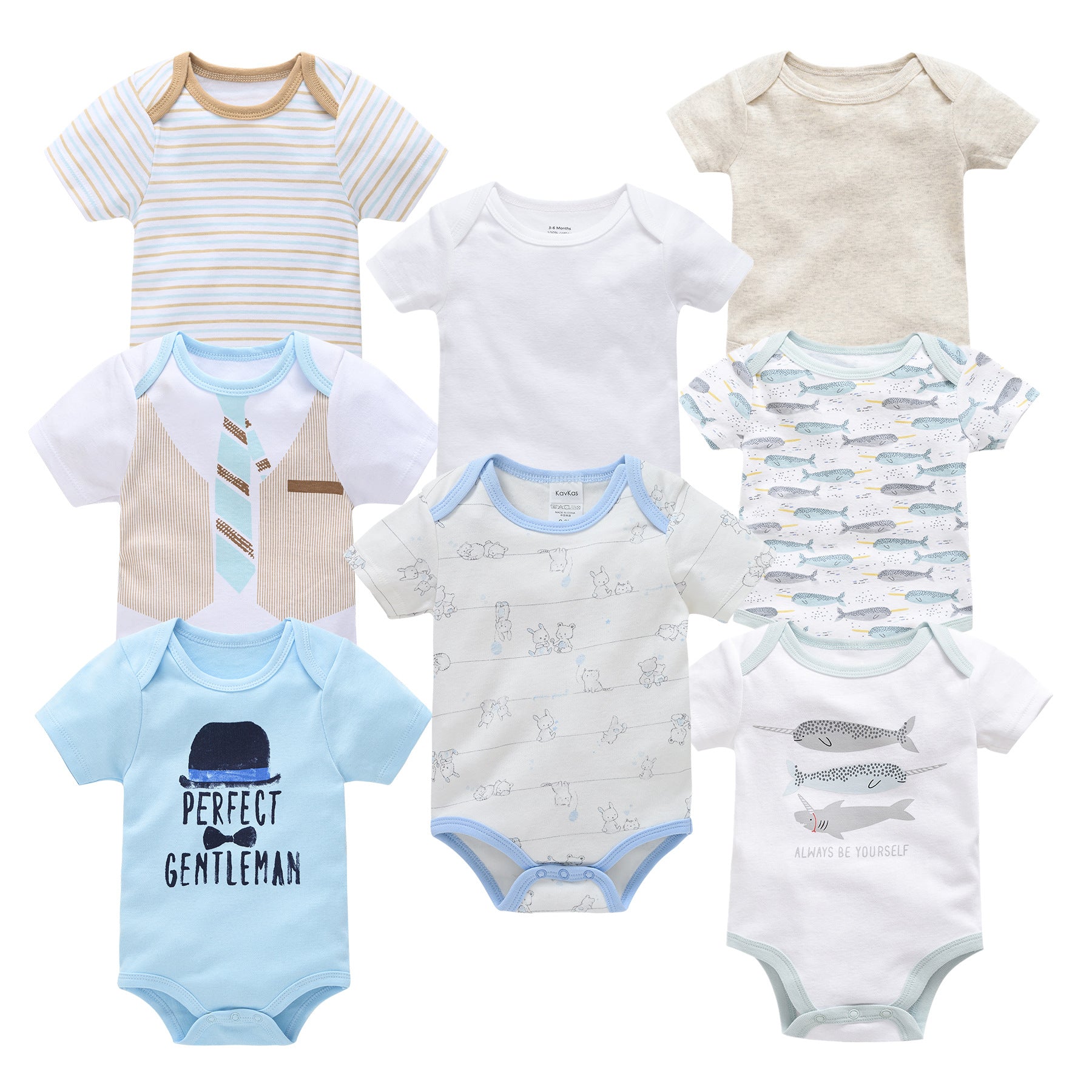 Assortment of 8 baby cotton short-sleeve bodysuits in white, blue, beige, and striped patterns.