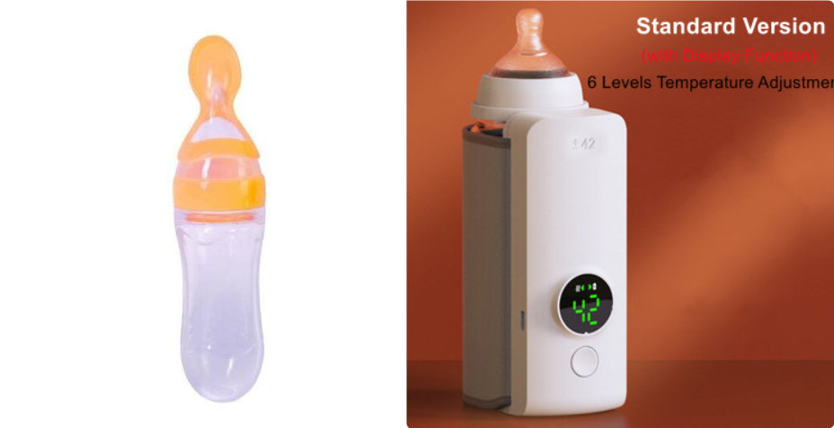 White portable USB baby bottle warmer with digital display showing 42 degrees, next to an orange-tipped feeding spoon.