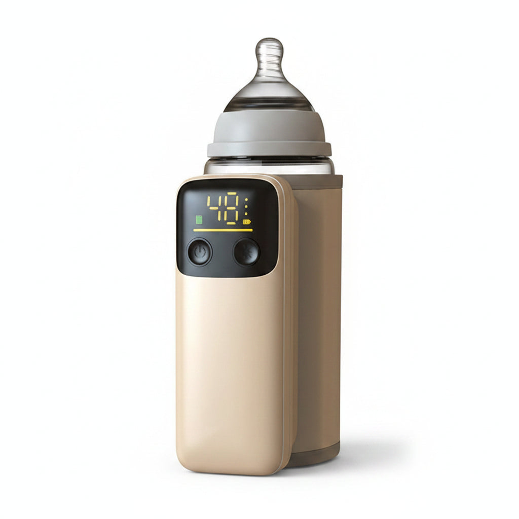 Portable beige baby bottle warmer with digital display, 8000mAh battery, and fast charging.